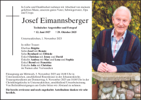 Traueranzeige Josef Eimannsberger in der PNP